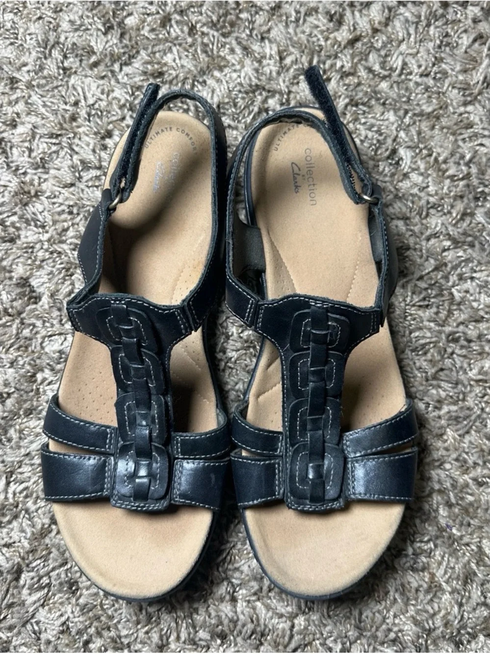 Collection by Clarks Black Leather Women’s Braided T-Strap Sandals Size 10